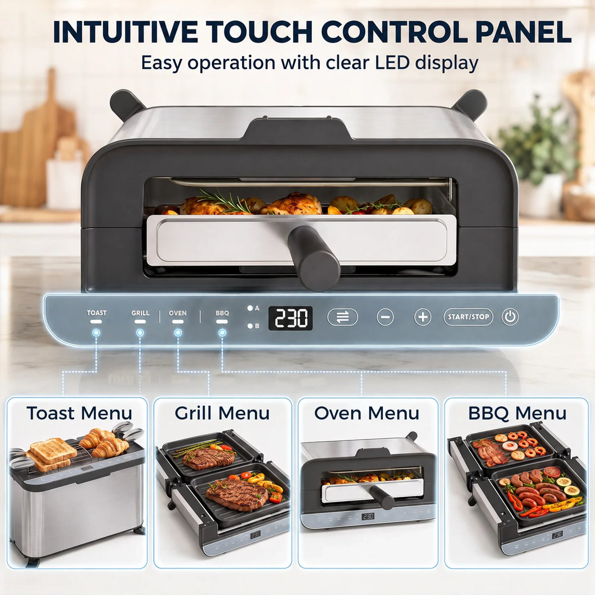 3-in-1 electric countertop oven with touch control panel, LED display, and open cooking chamber