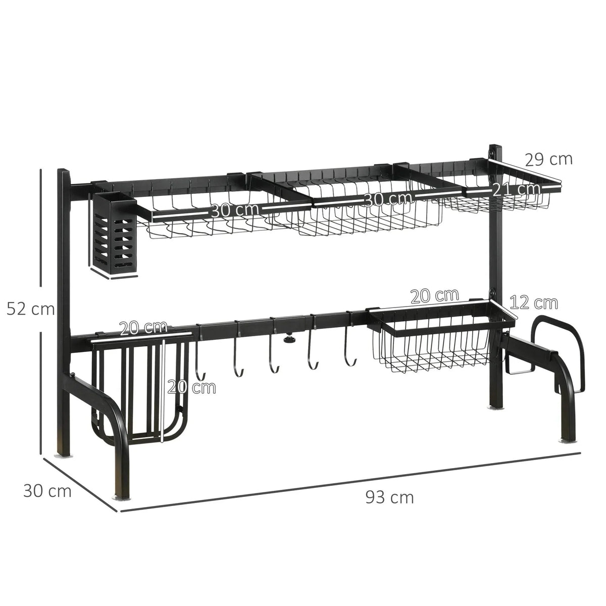 Adjustable black over-sink dish rack with two tiers and side measurement view