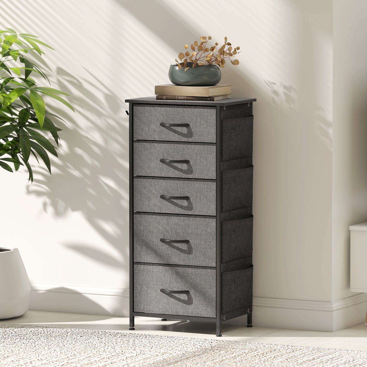 HOMCOM Five Drawer Fabric Chest In Charcoal Grey With Steel Frame And Side Pockets