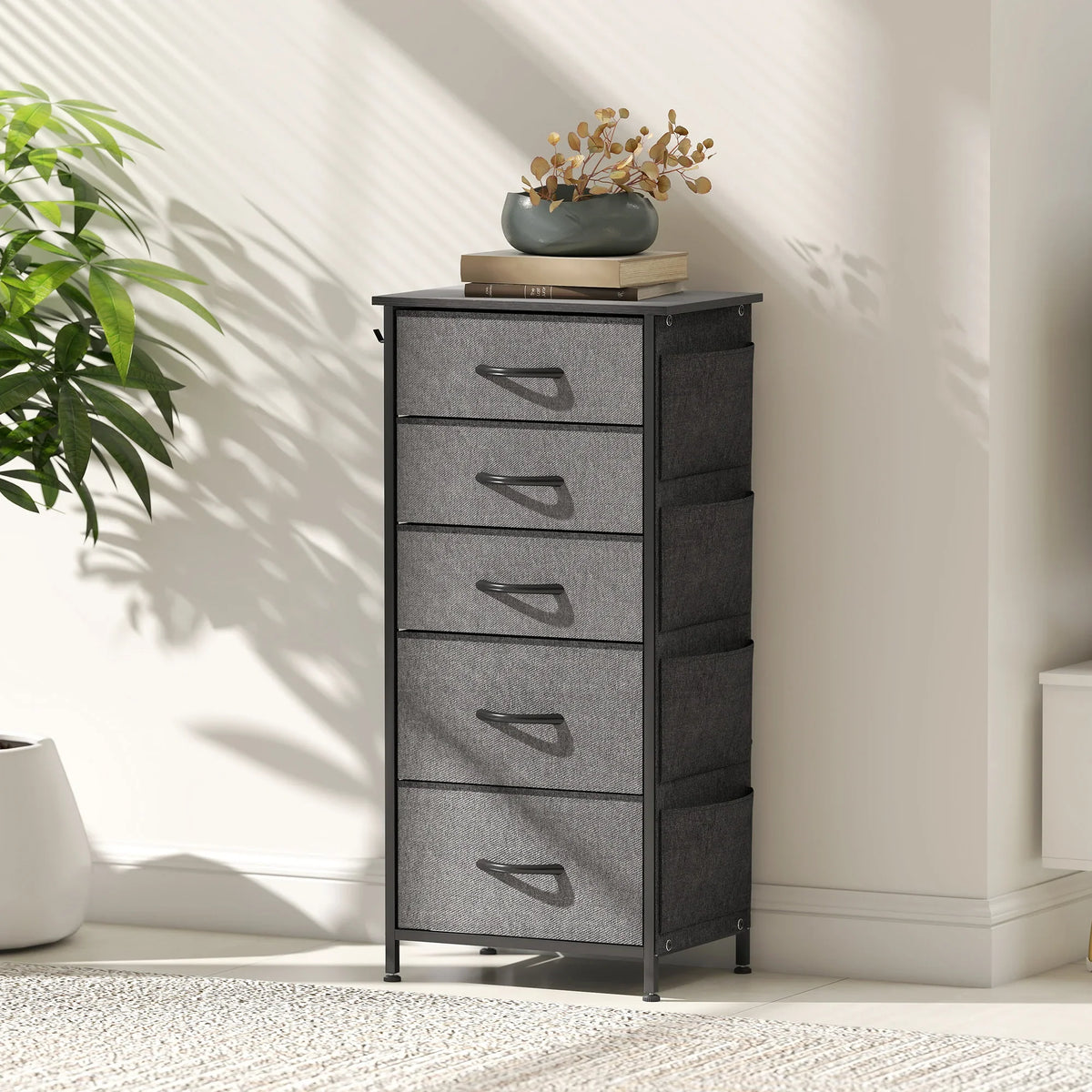 Charcoal grey fabric chest with 5 drawers, steel frame, and side pocket; front view