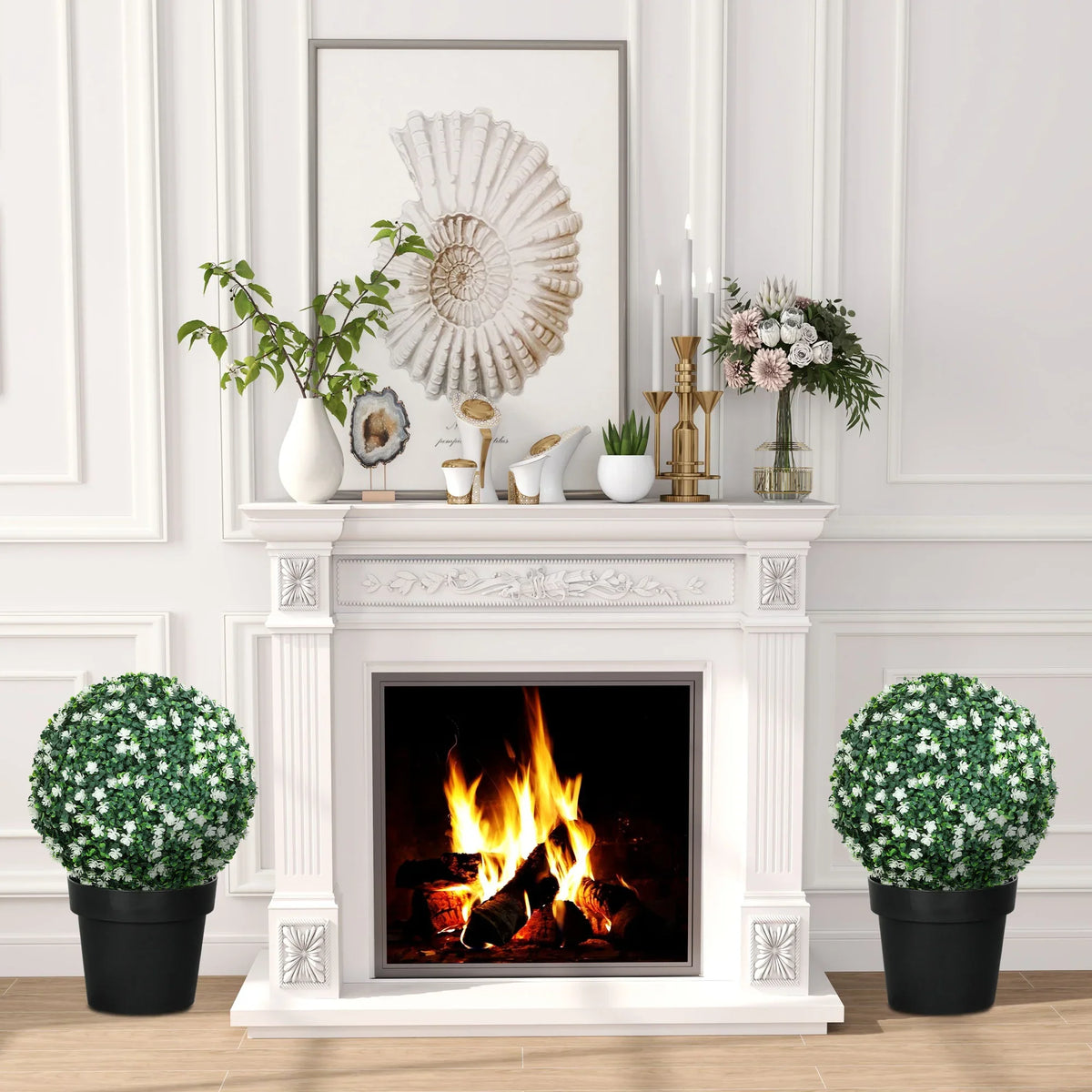 Set of two artificial boxwood topiary balls with white blossoms in black pots