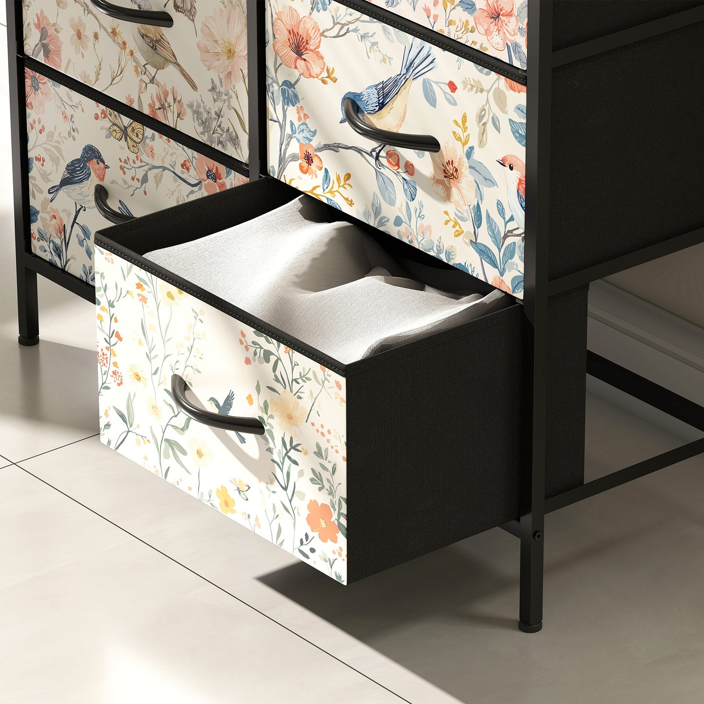 HOMCOM 6 Drawer Fabric Chest of Drawers White with Removable Foldable Drawers and Patterned Panels