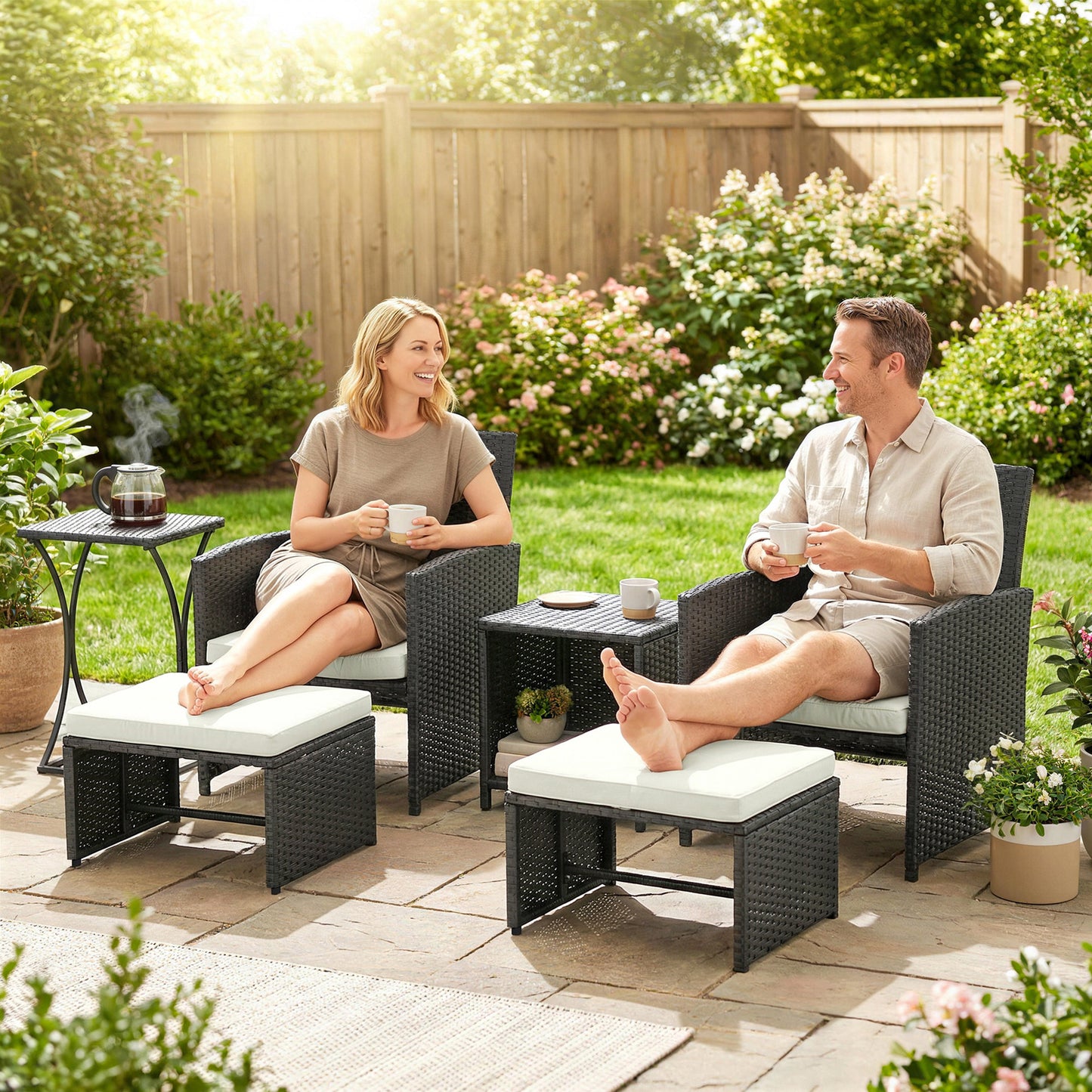 Outsunny 6 Piece Rattan Garden Furniture Set Space Saving Patio With Nesting Tables Chairs Stools Cushions Black