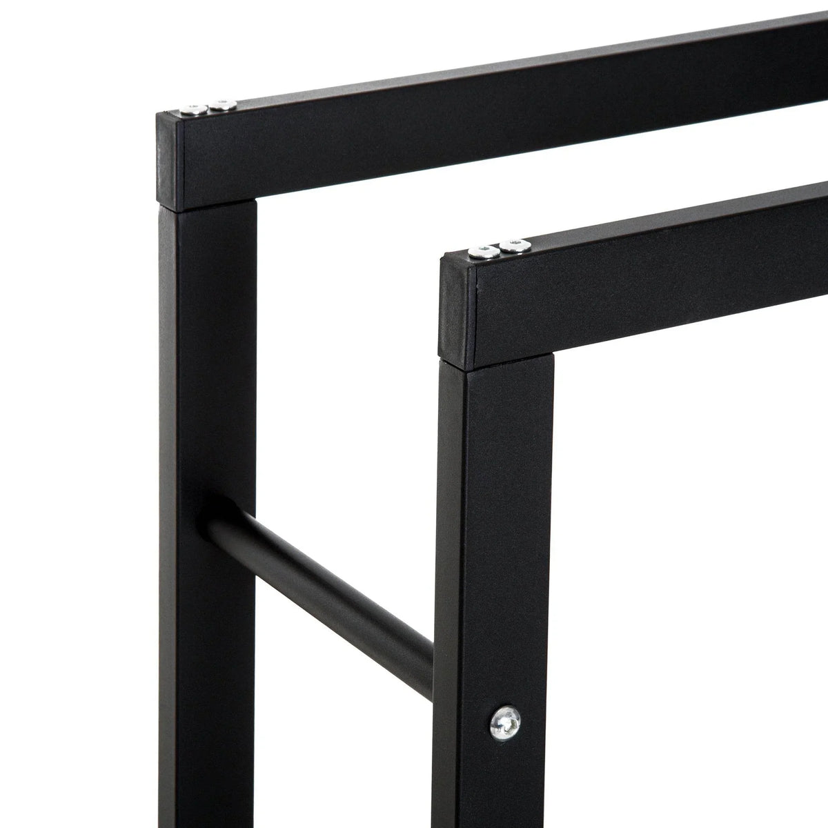 Black metal firewood log rack corner joint with screw and sturdy frame
