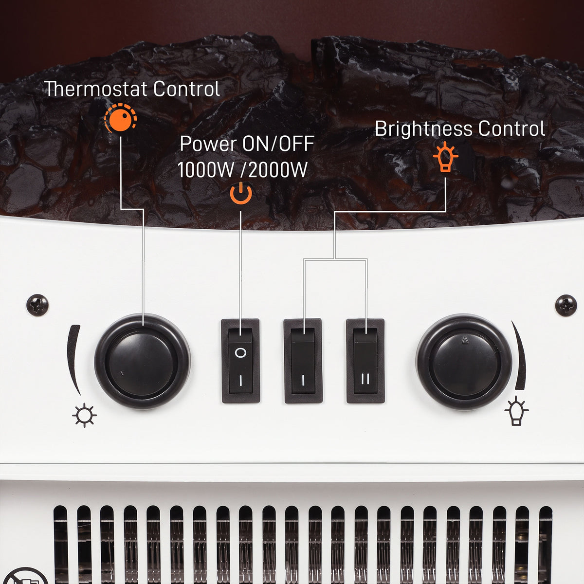 White electric fireplace control panel with round temperature and brightness knobs