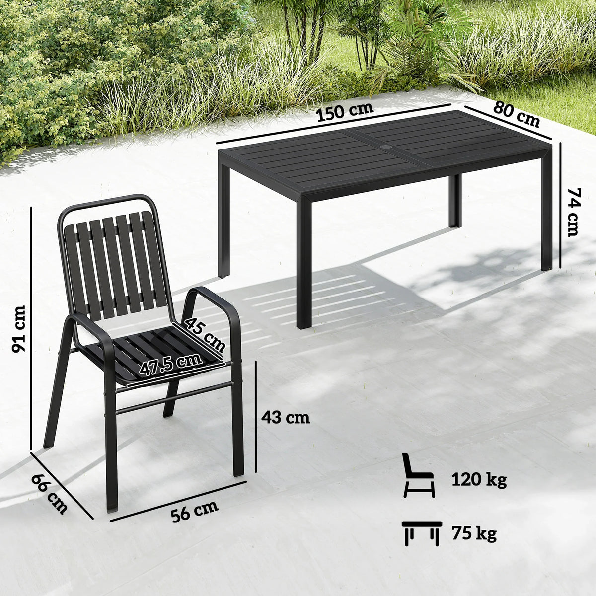 Outdoor dining table with umbrella hole and dark metal slat chair set for six