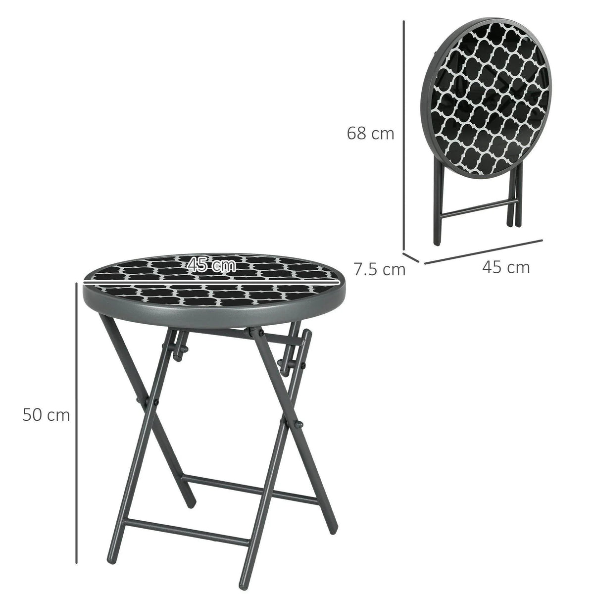 Black round folding side table with geometric glass top and folding X-style legs