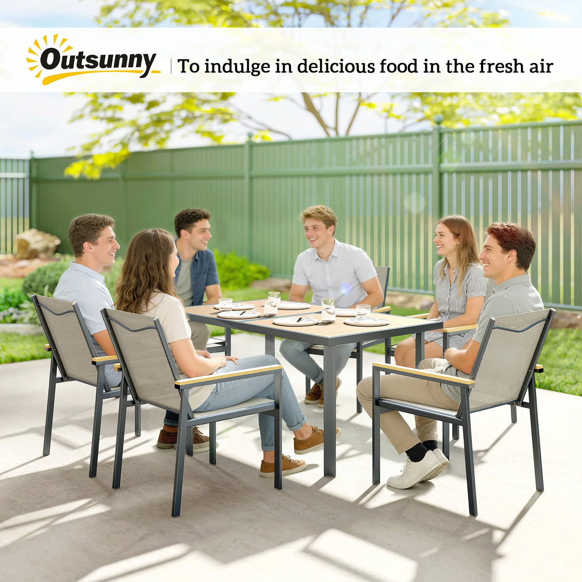 Outdoor patio dining set with glass-top table and six mesh chairs for dining