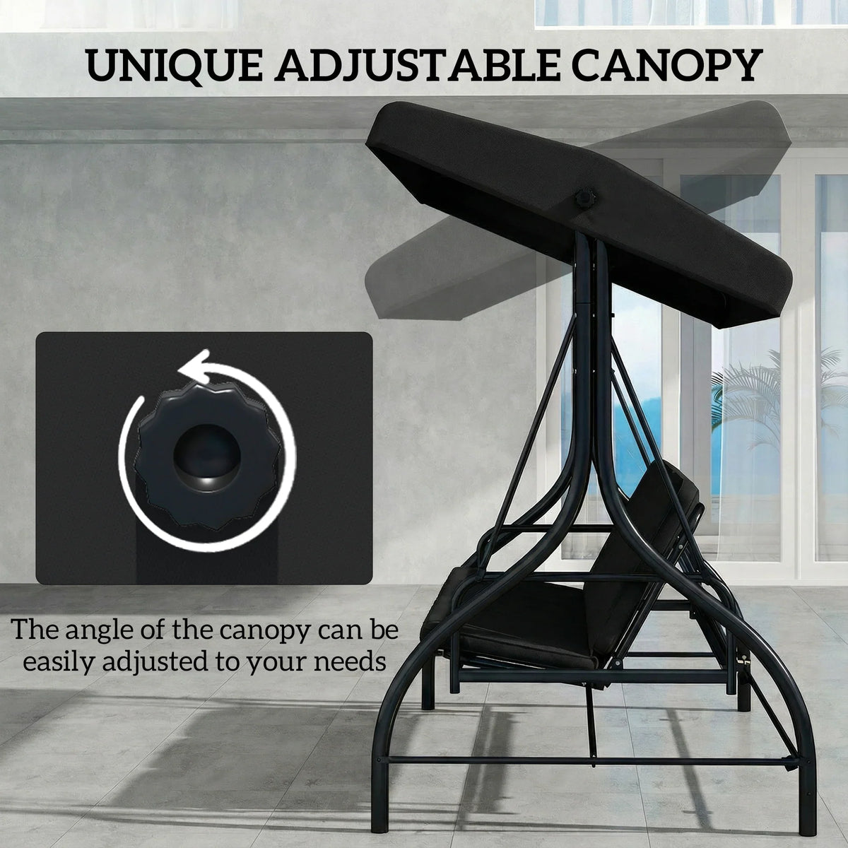 Adjustable black canopy on a 3-seat swing chair with padded bench seat