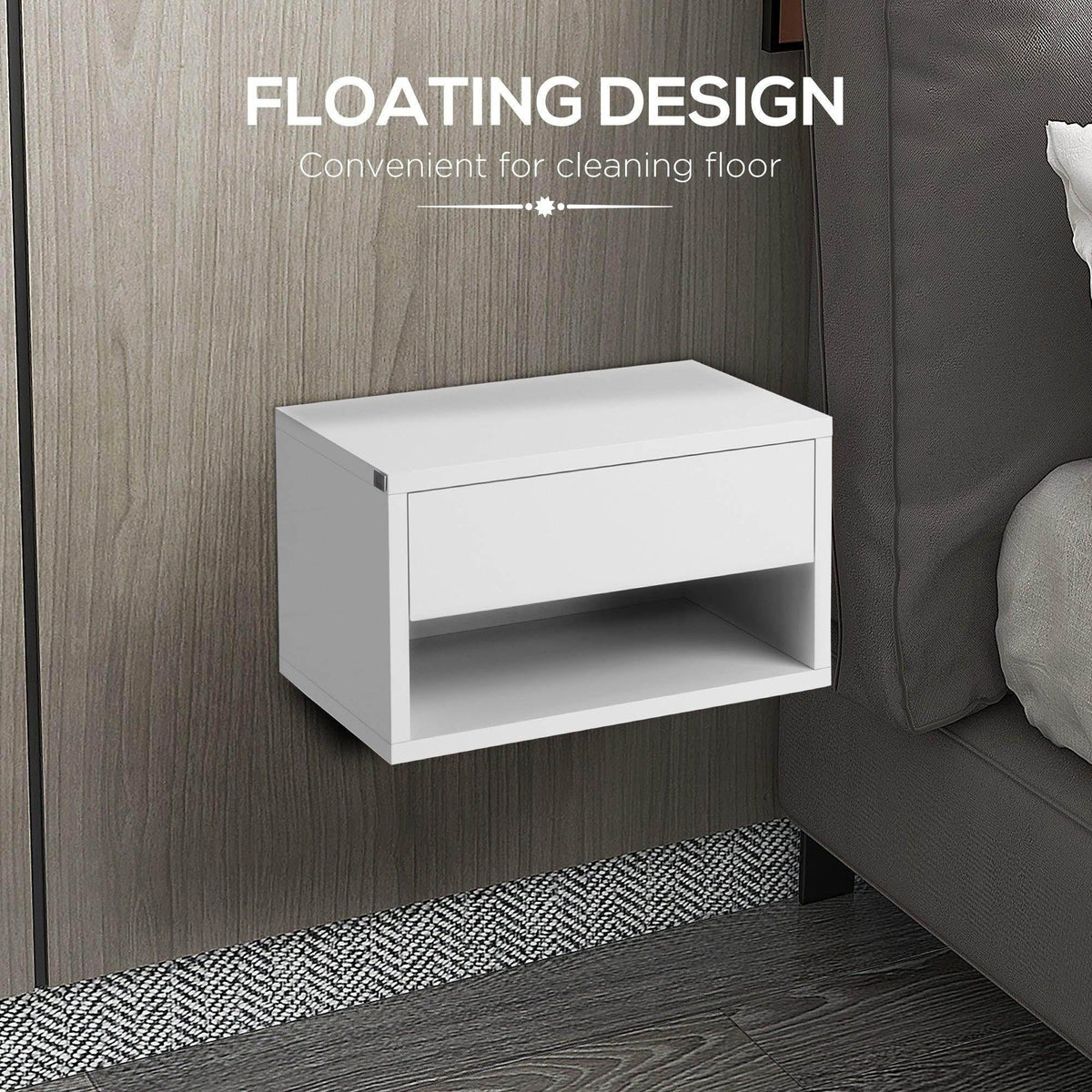 White floating bedside table with drawer and open shelf against dark sofa wall