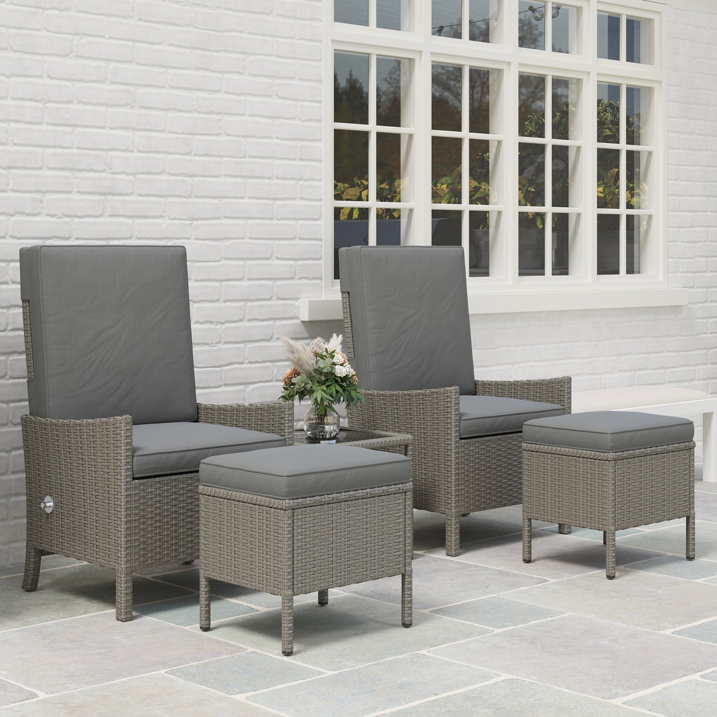 Outsunny 5 Piece Rattan Garden Furniture Set With 2 Armchairs 2 Footstools And Glass Top Coffee Table In Dark Grey