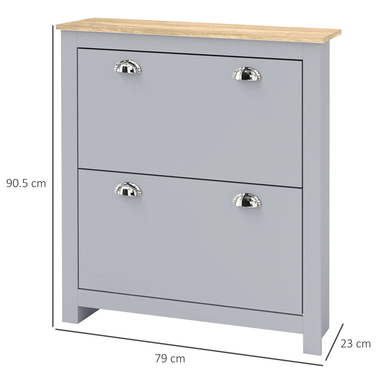 Narrow grey shoe cabinet with two drawers and chrome knobs, light wood top