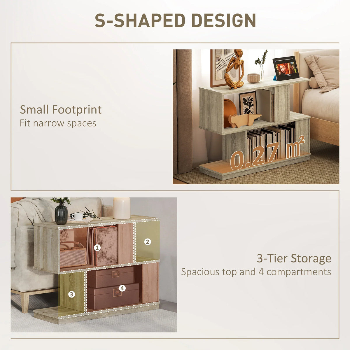 S-shaped storage side table with spacious top and multiple open compartments, 3-tier design
