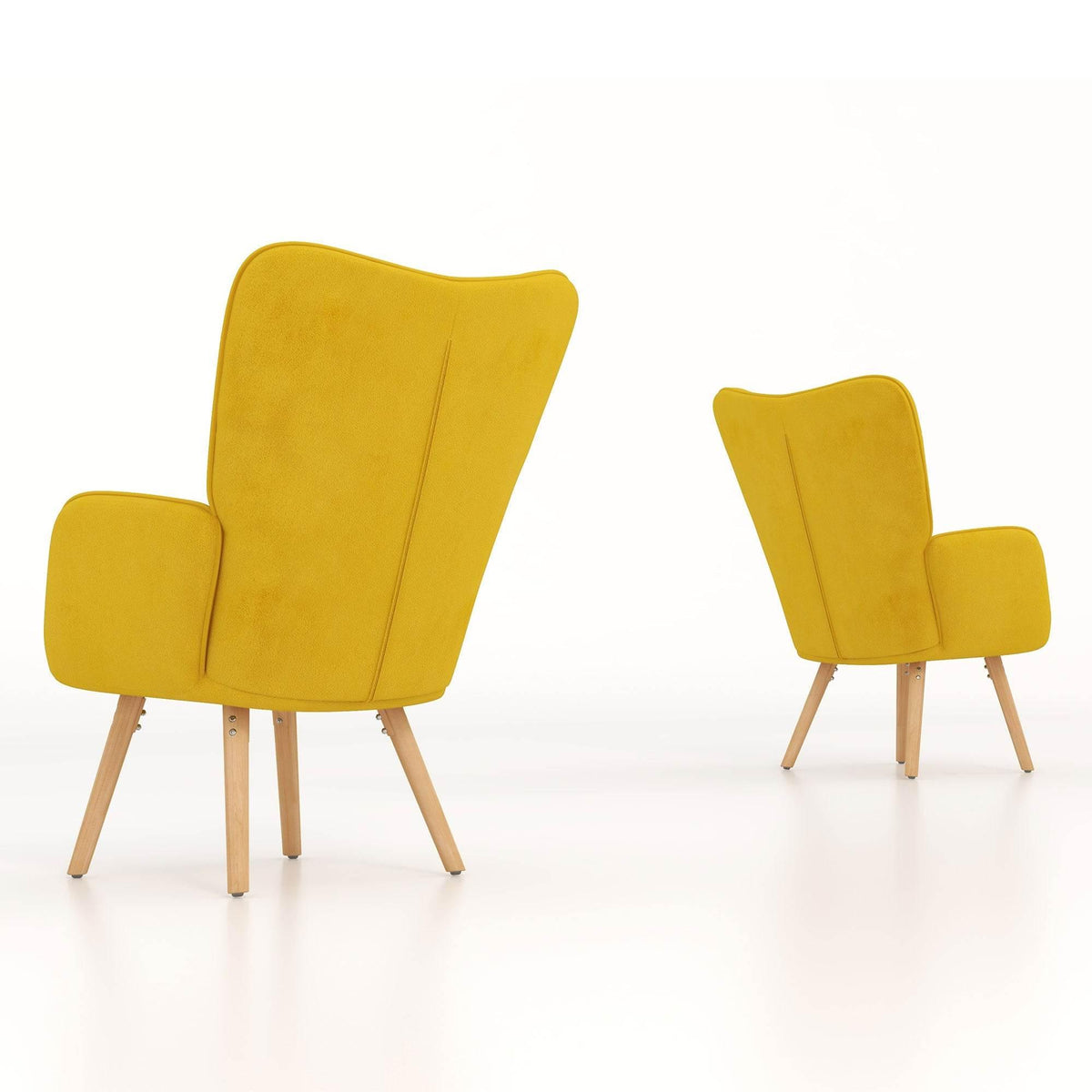 Pair of yellow wingback armchairs with diamond-quilted back and wooden legs