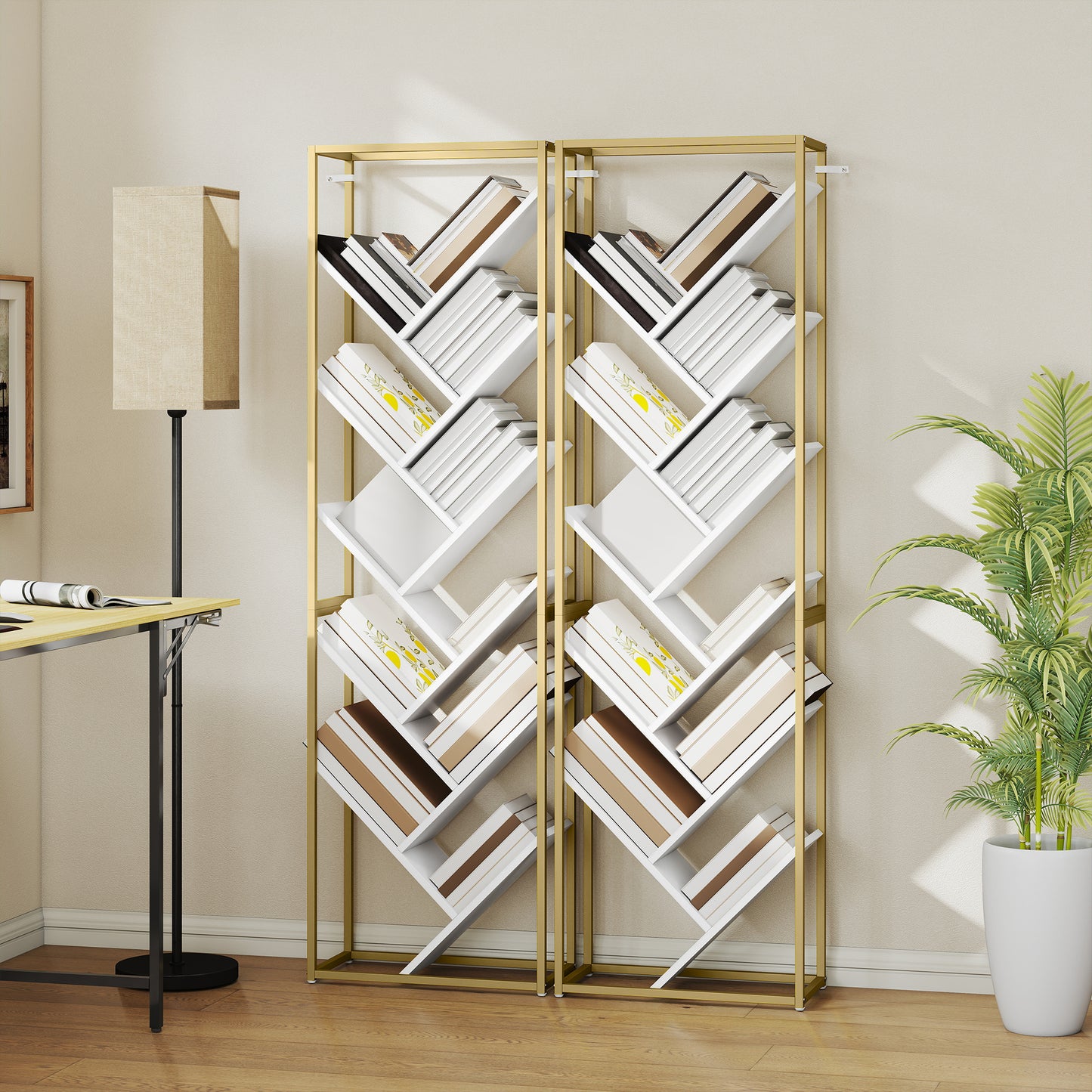 HOMCOM 10 Shelf Modern Style Tree Bookshelf Gold Tone White Tall 170 cm Space Saving Floor Standing