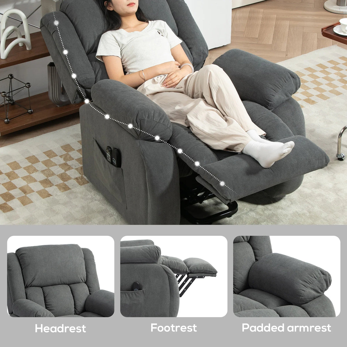 Grey electric recliner with padded headrest and footrest, seated side view