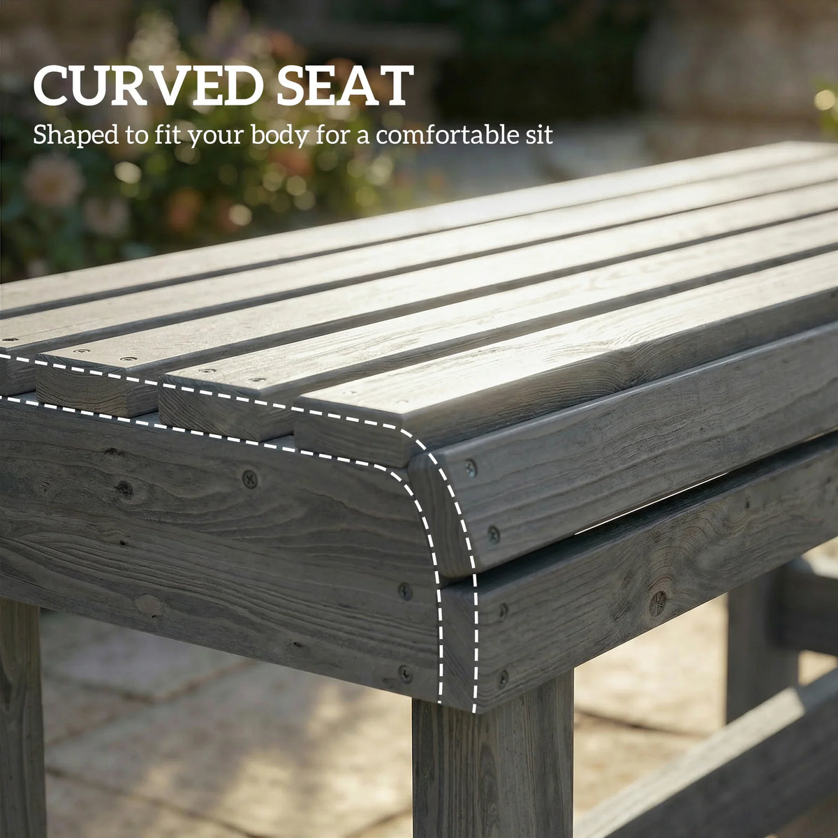 Grey curved slatted seat surface on a backless outdoor bench, rounded corner detail.