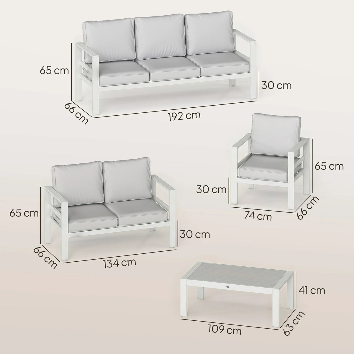 White aluminium patio furniture set with gray cushions, sofa, chairs, and slatted table