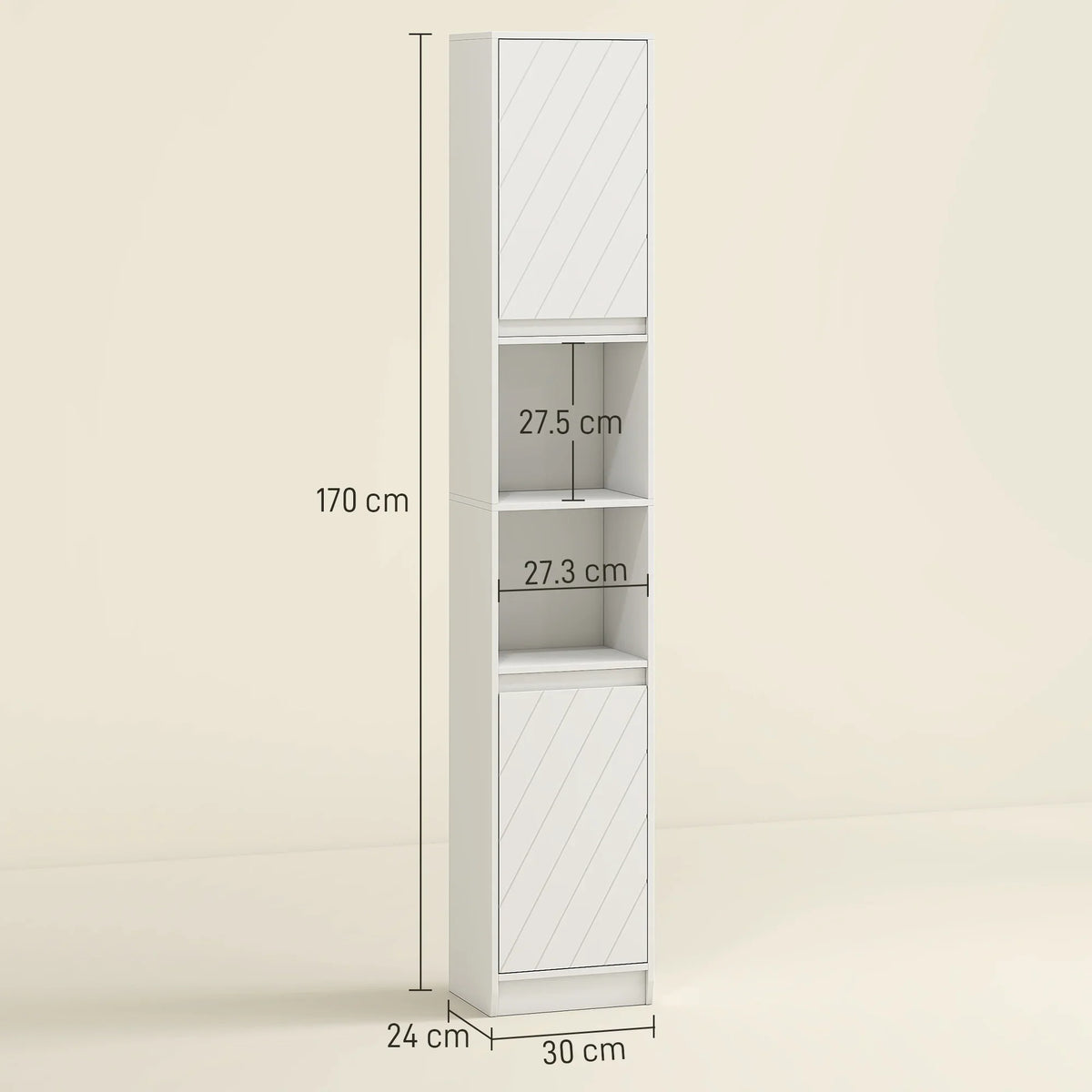 White tall narrow cabinet with open shelves and adjustable inner shelving, 170 cm