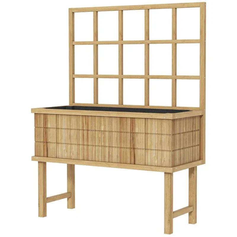 Natural wood raised garden planter with rectangular trellis grid panel