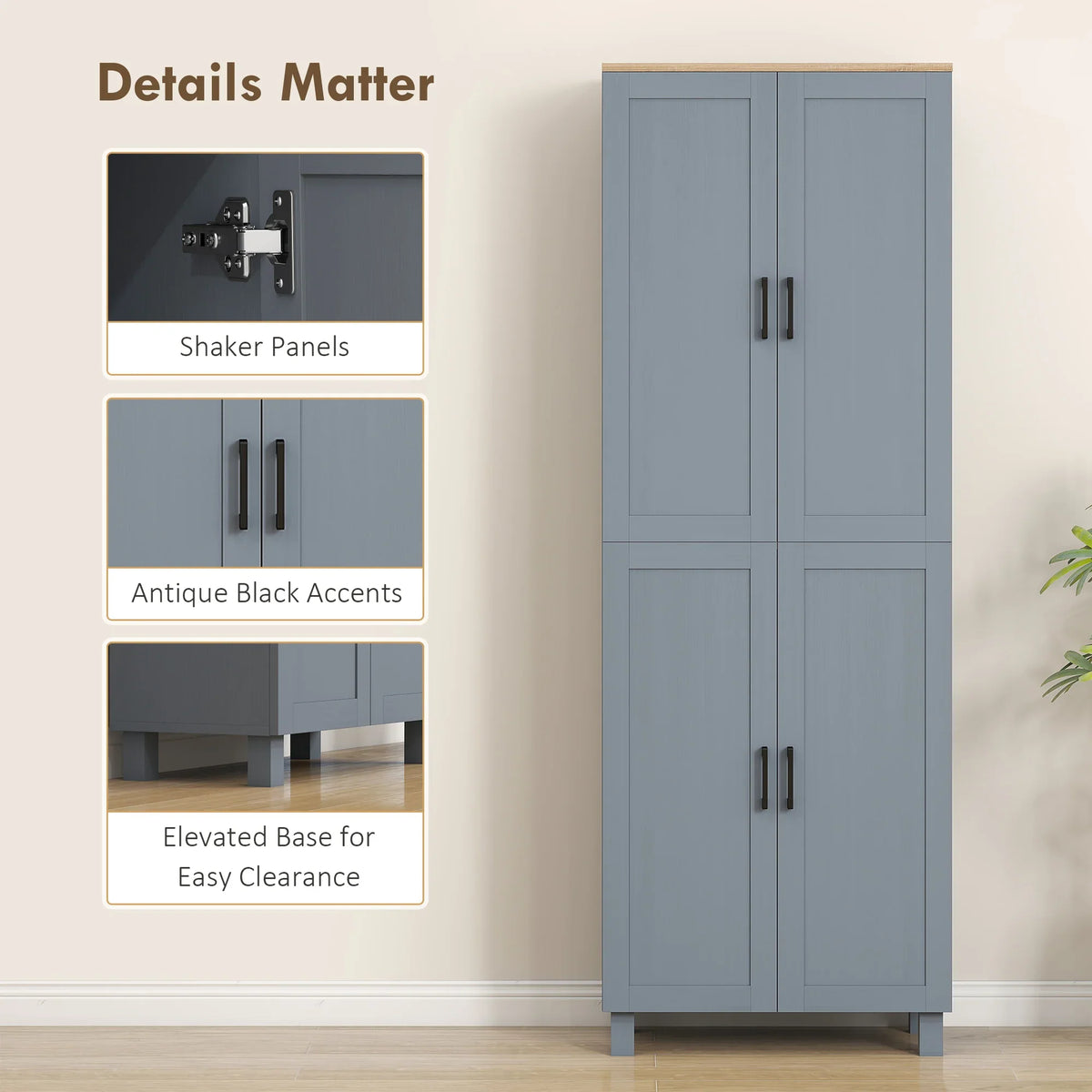 Grey shaker-style storage cabinet with antique black hinges, doors, and elevated base