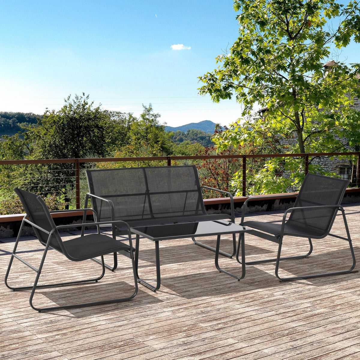 4-piece outdoor patio sofa set with glass-top table and four dark-textured chairs