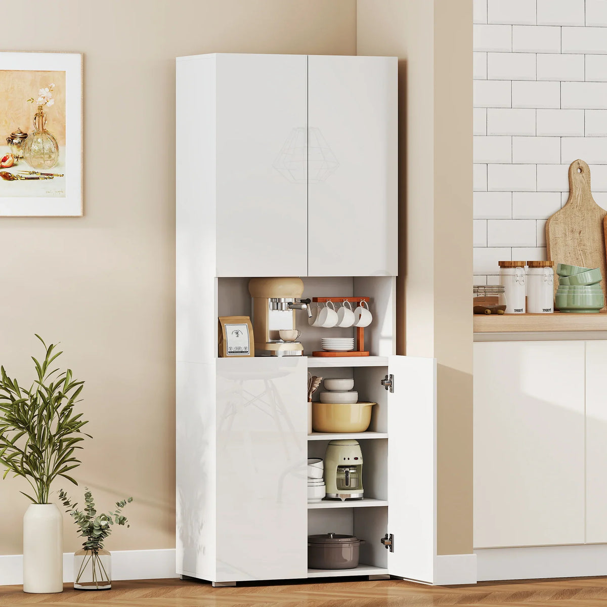 Tall white kitchen pantry cabinet with double doors open, adjustable shelves and stored items
