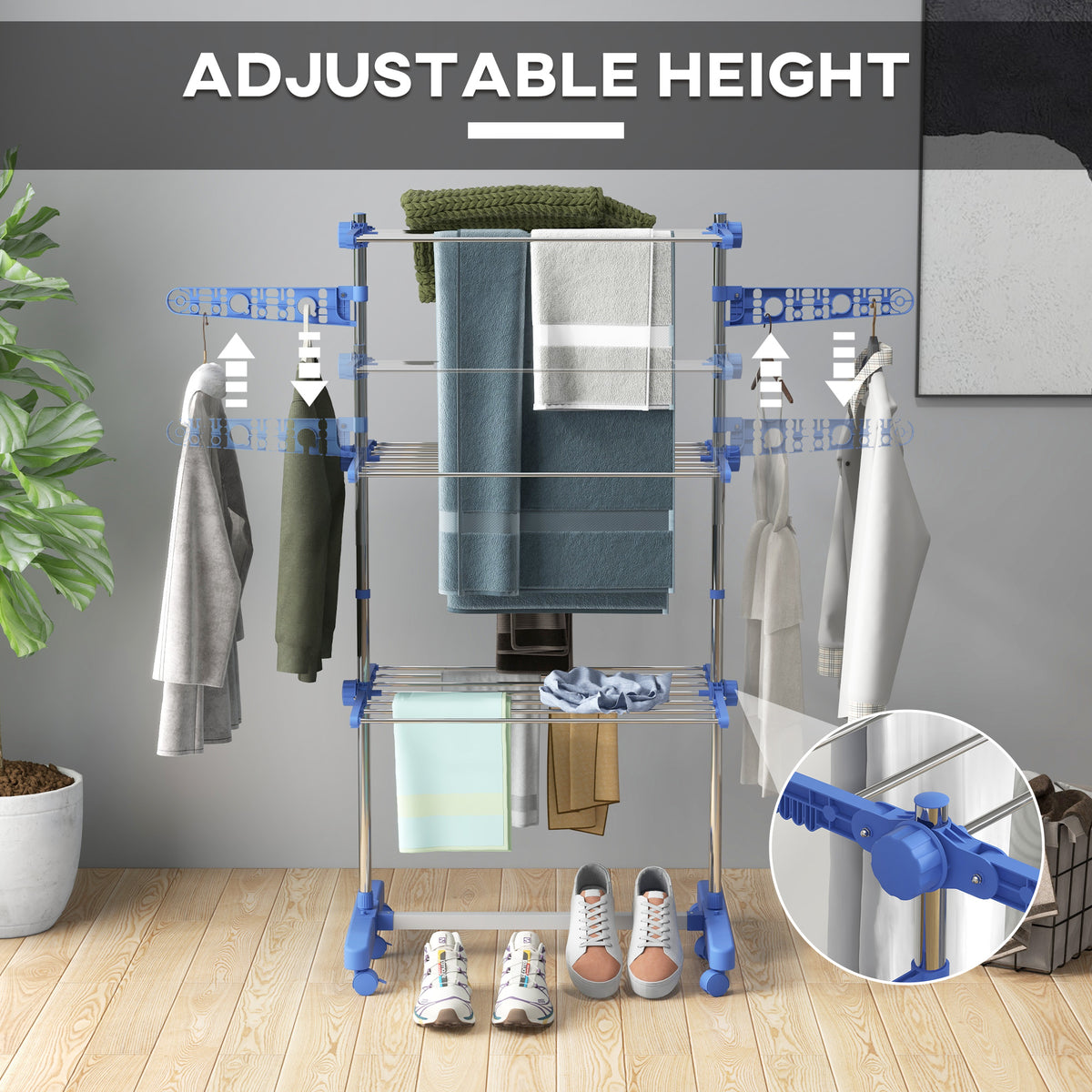 Adjustable-height blue three-tier clothes horse with side arms for hanging laundry