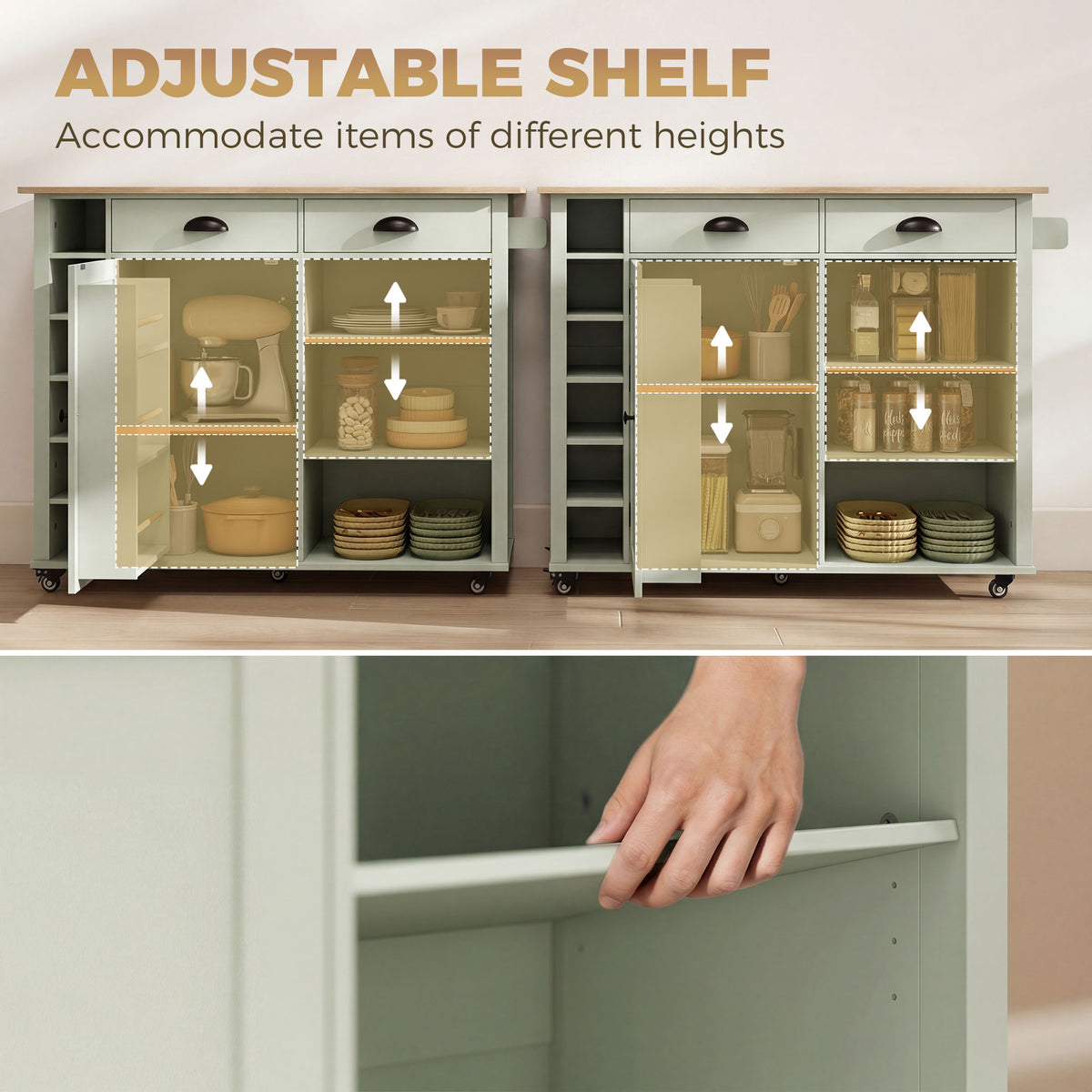 Light green kitchen island interior with adjustable shelving and open storage compartments