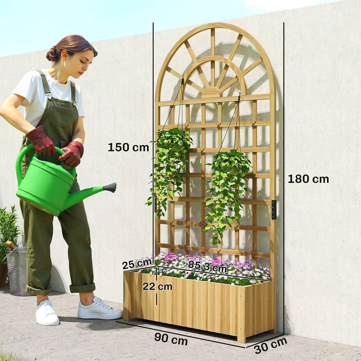 Raised wooden planter with lattice trellis panel and hanging hooks, outdoor size view