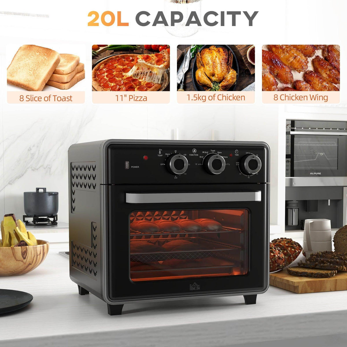 Black 20L air fryer oven with open glass door and visible heating coils behind racks
