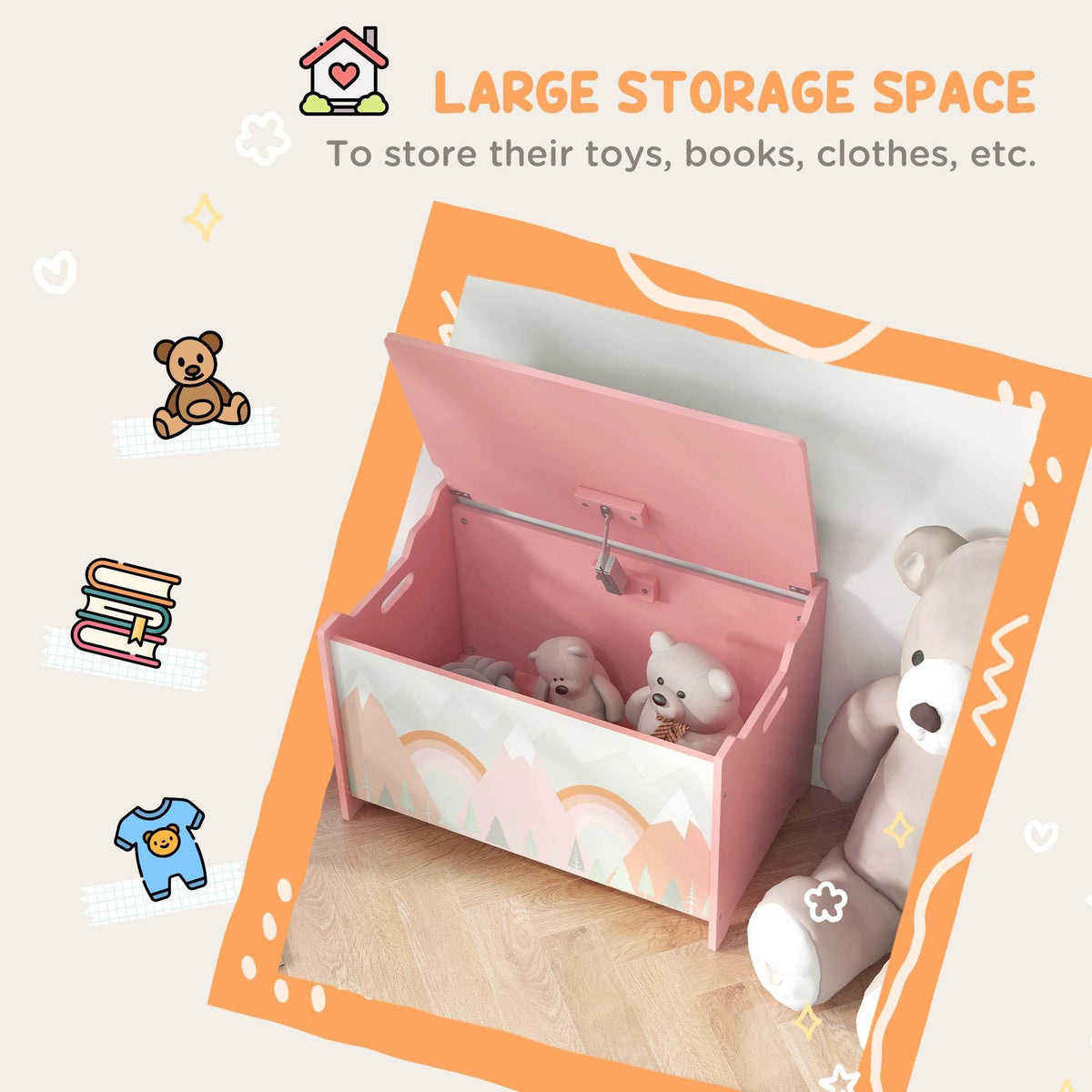 Pink toy storage chest with open lid and front cutout handles for easy access