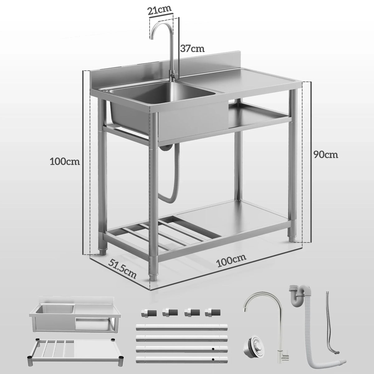 Stainless steel freestanding sink unit with single basin, side shelves, faucet, and fittings