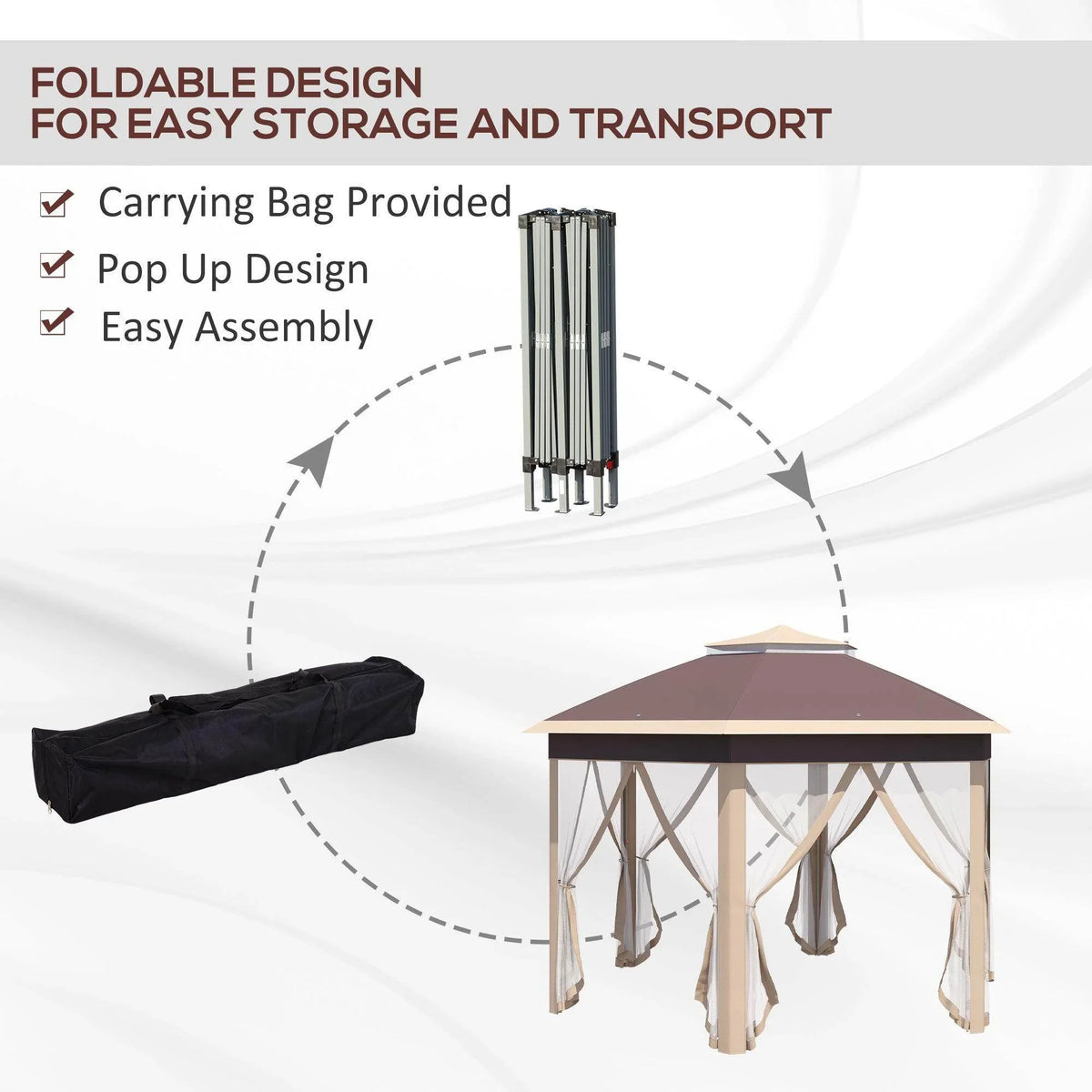 Foldable hexagon gazebo with carrying bag, double-roof canopy and mesh curtains