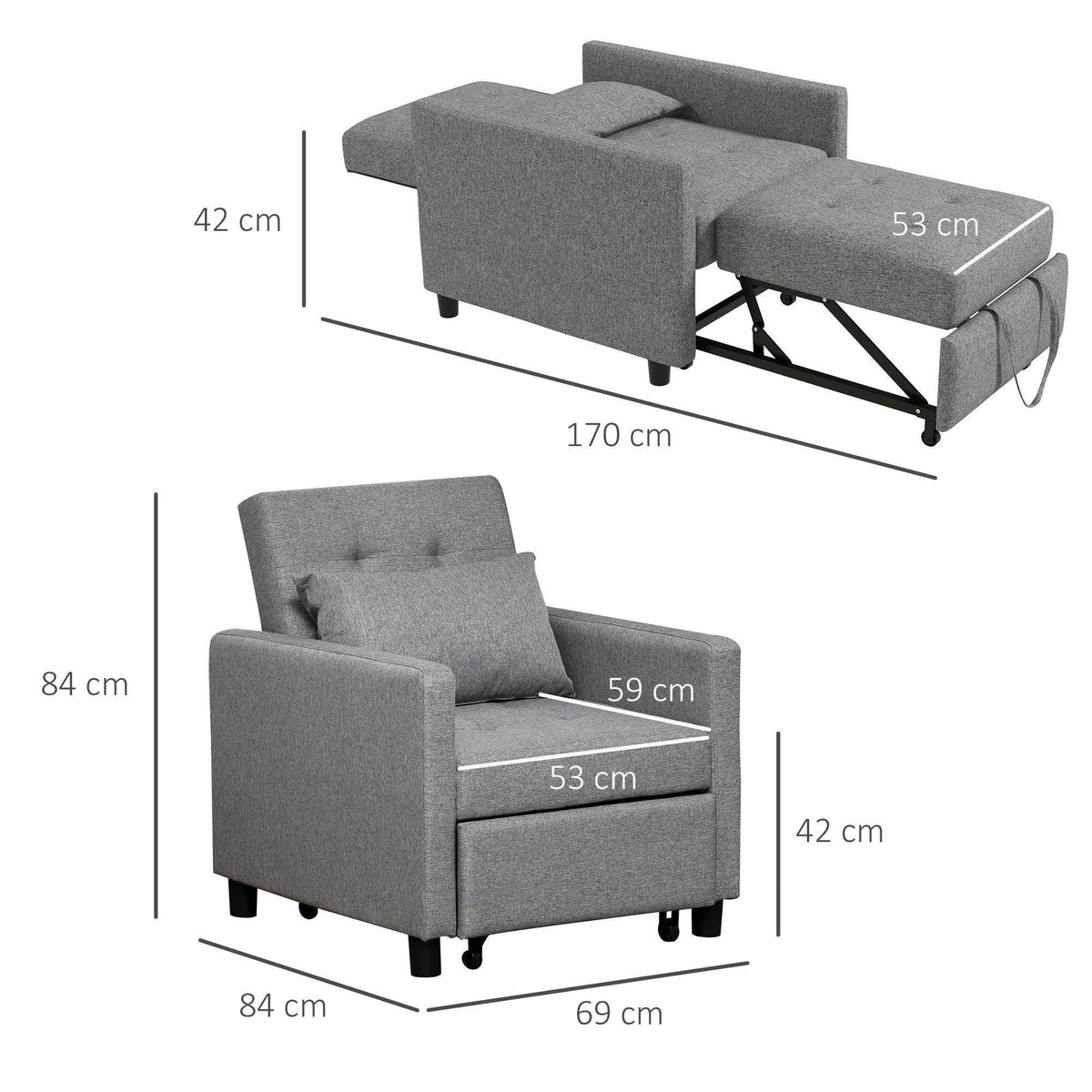 Grey convertible sofa bed showing sofa seat and extended bed frame dimensions