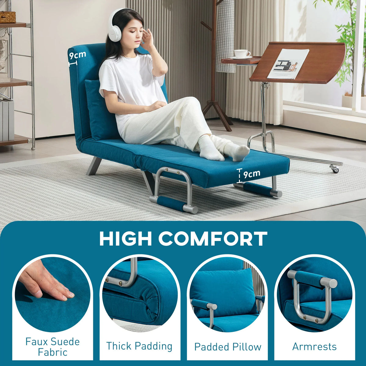 Blue faux suede chair bed with padded pillow, armrests, and thick cushioned seat