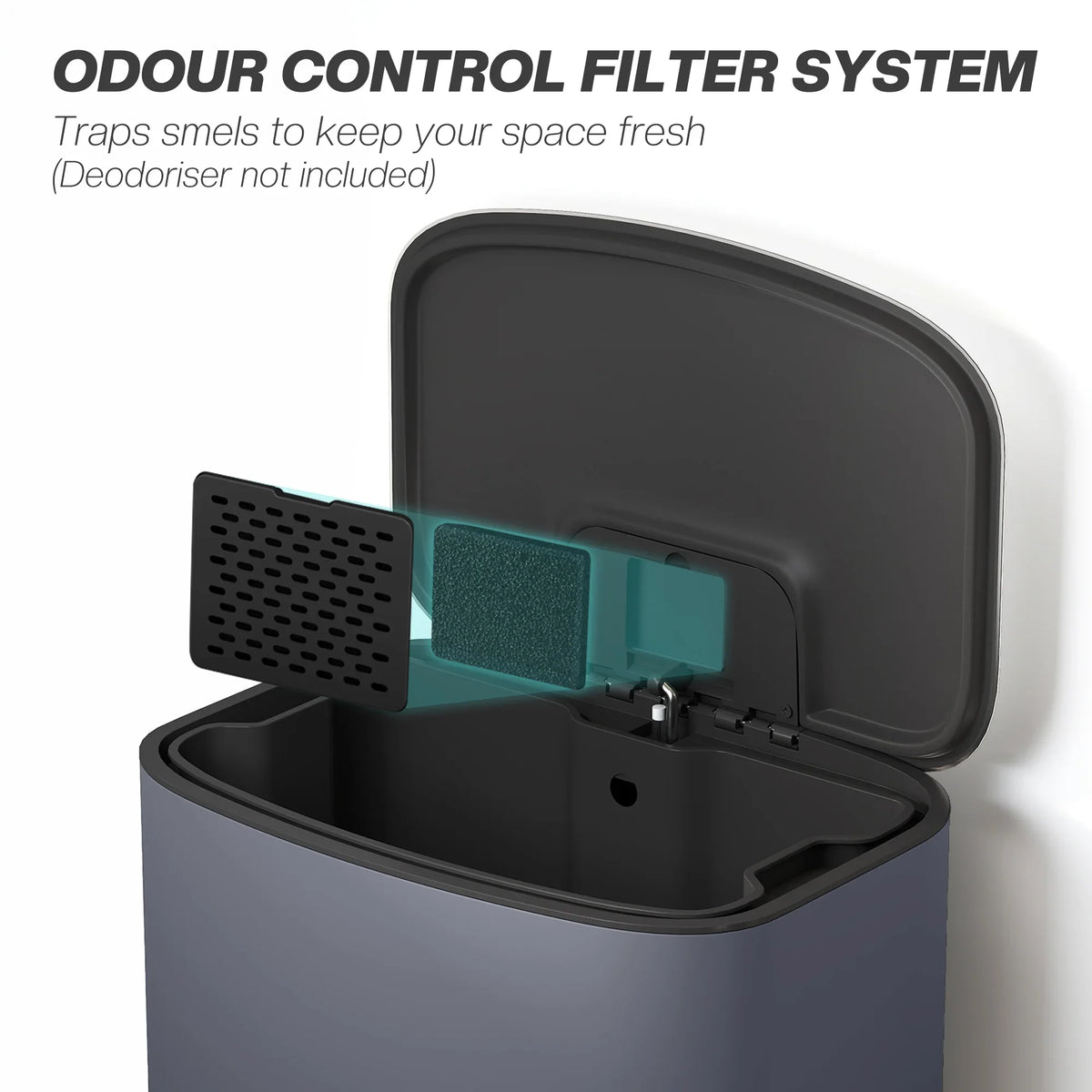 Grey kitchen trash can with open lid and odor-control filter compartment