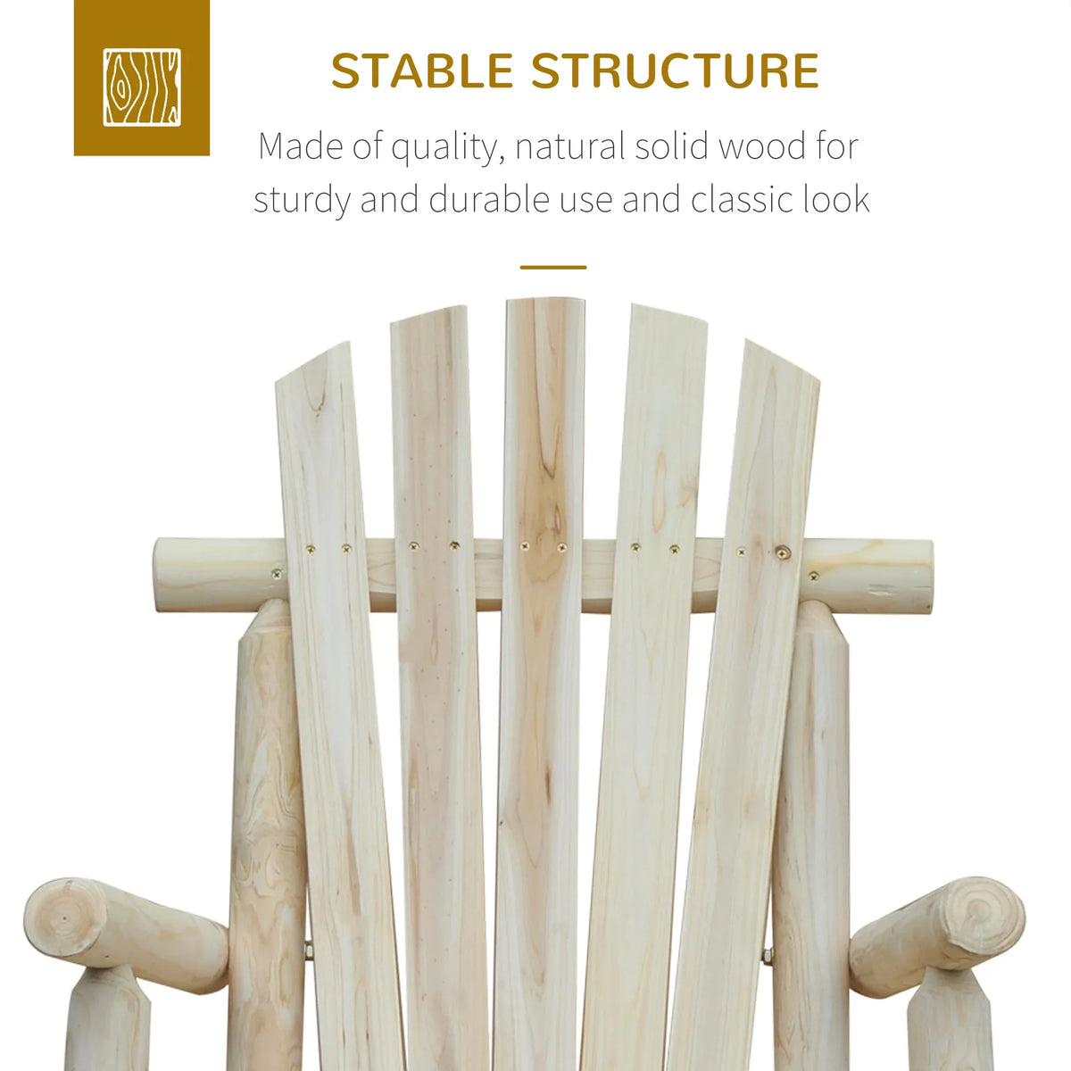 Front view of light wood adirondack rocking chair with slatted backrest