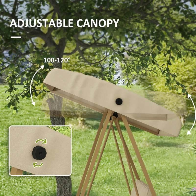Beige three-seat swing chair with adjustable canopy over cushioned bench