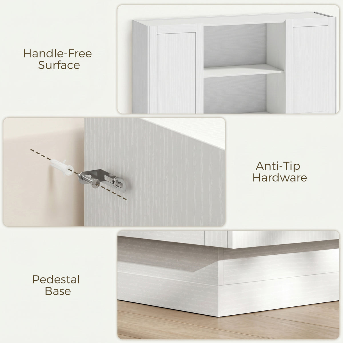 White sideboard features: handle-free surface, anti-tip hardware, pedestal base.