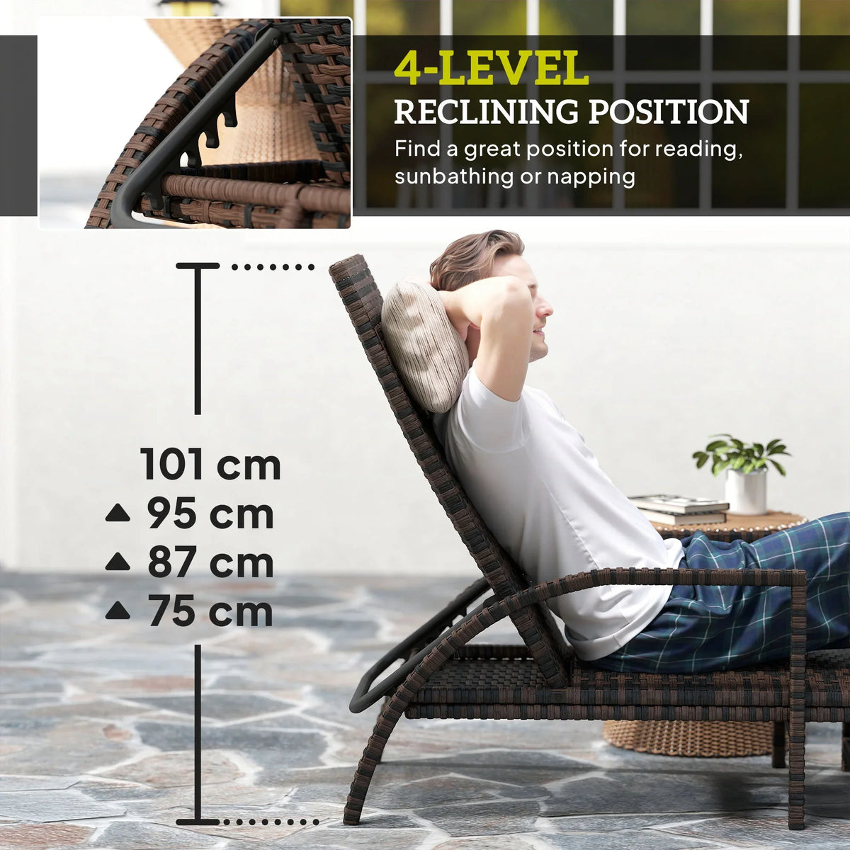 Brown rattan reclining lounger with adjustable backrest and extended footrest supporting a reclining person