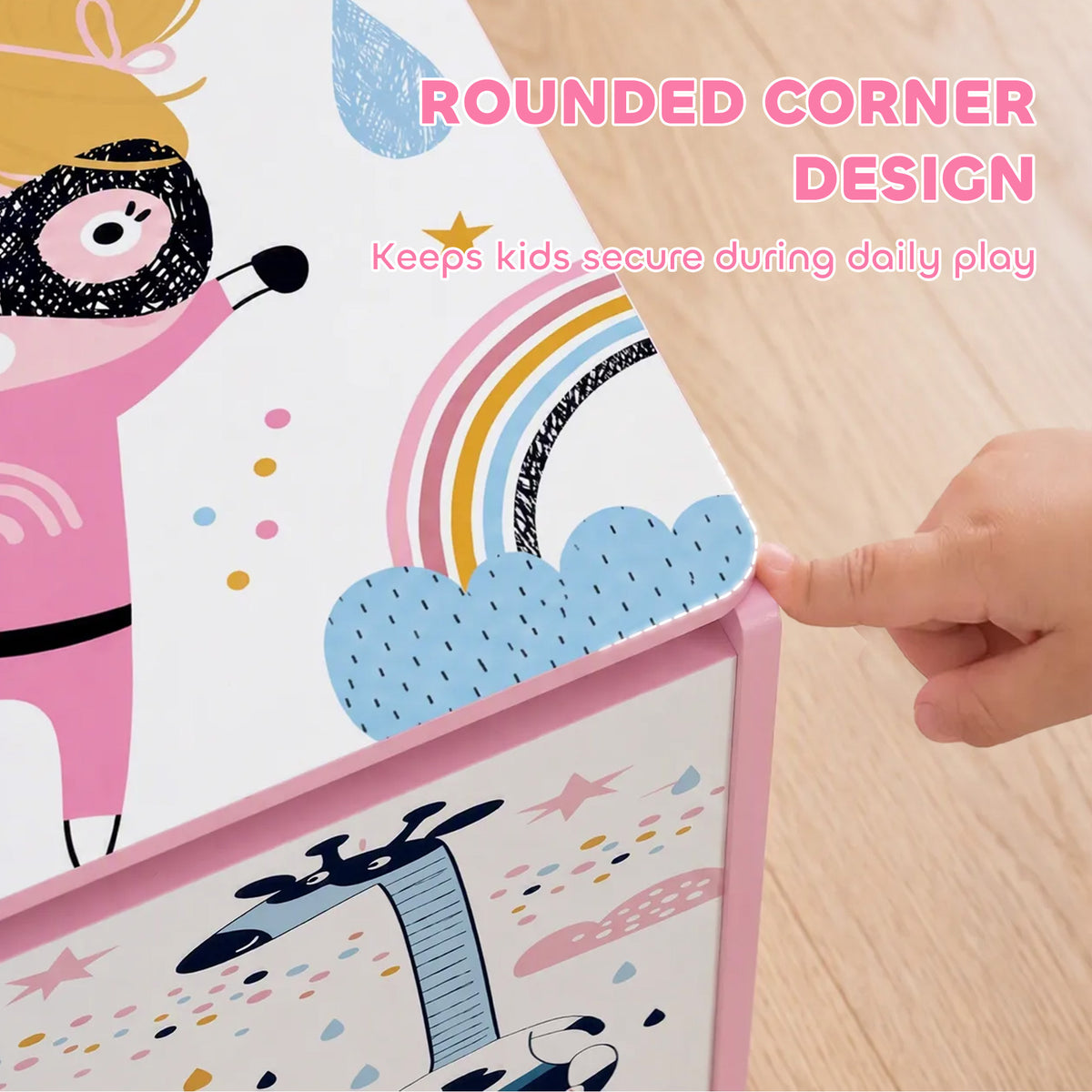 Pink toy chest corner with rounded design and safety edge for kids