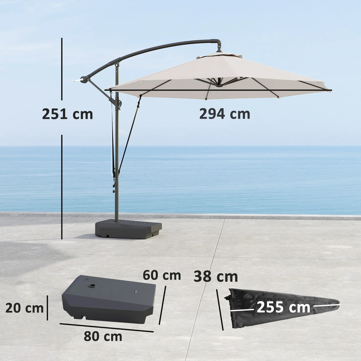 Cream cantilever garden parasol with dark frame and weighted base on patio