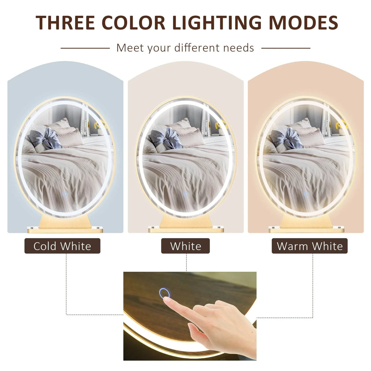 Round LED vanity mirror showing three lighting modes: cold white, white, warm white