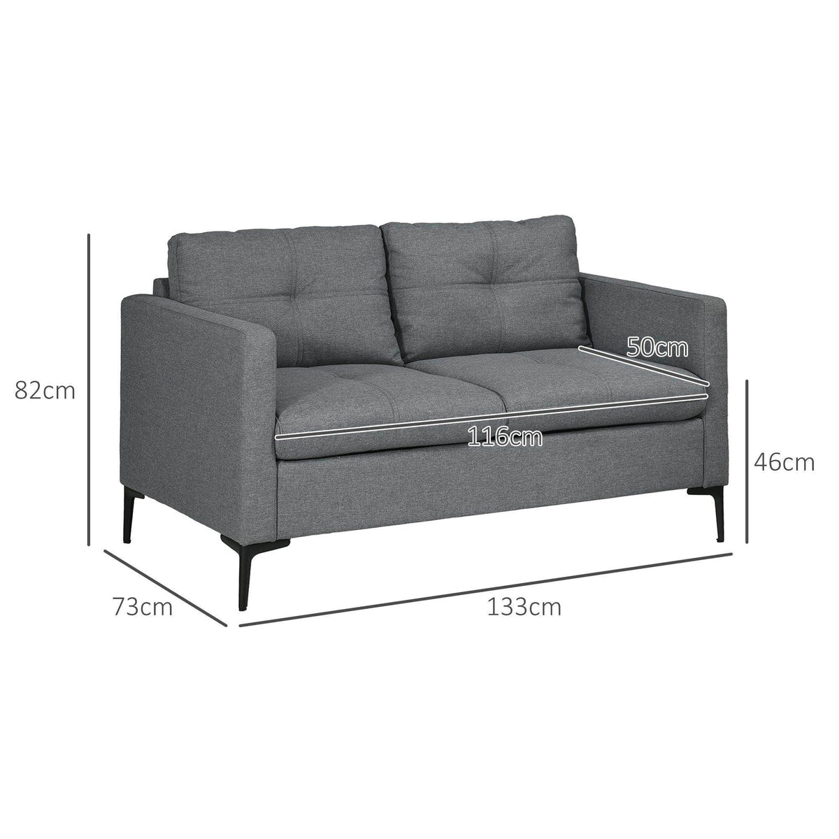 Gray loveseat sofa side view with two back cushions and short black legs.
