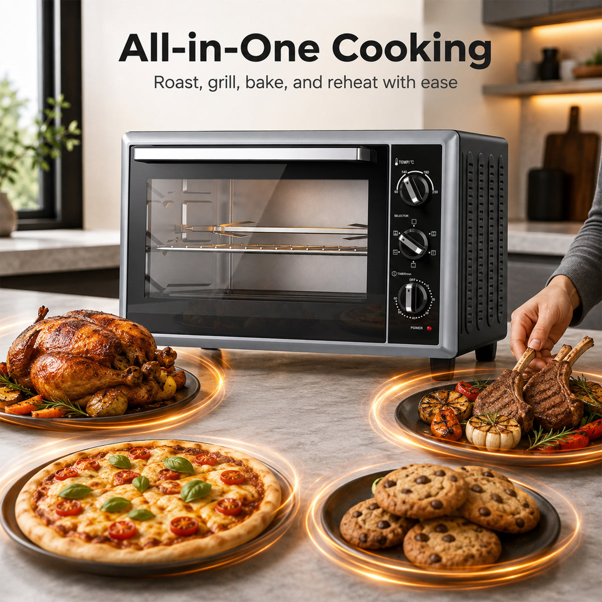 Countertop convection mini oven with glass door and heated racks, rotisserie spit