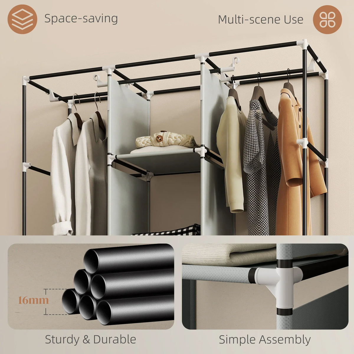 Foldable wardrobe frame with hanging bars and space-saving fabric drawers, simple assembly