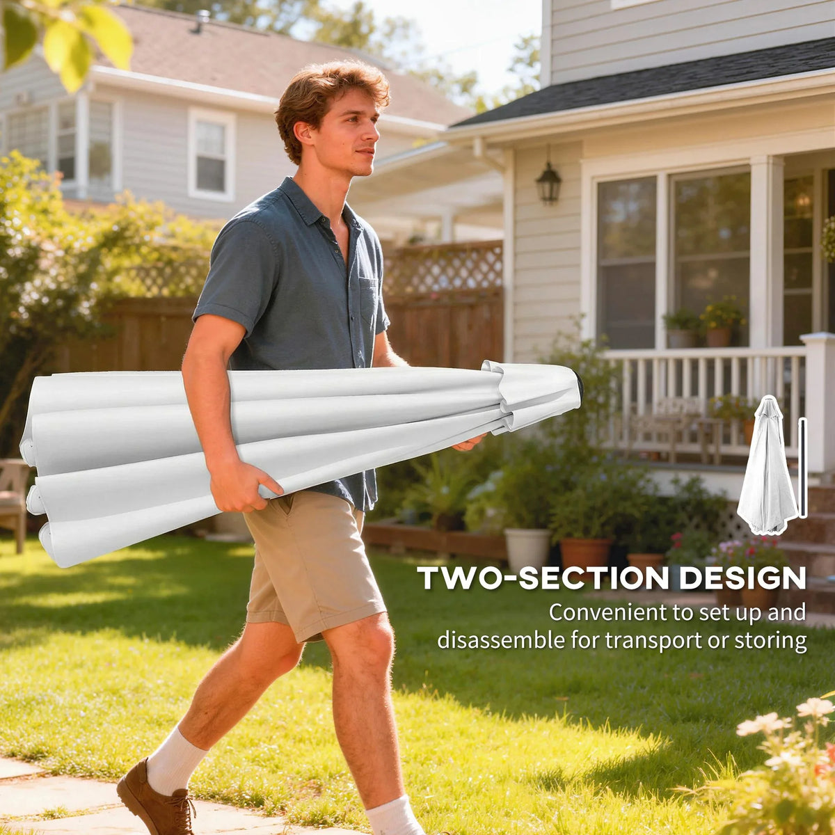 Cream white patio umbrella folds into two sections for easy transport and storage