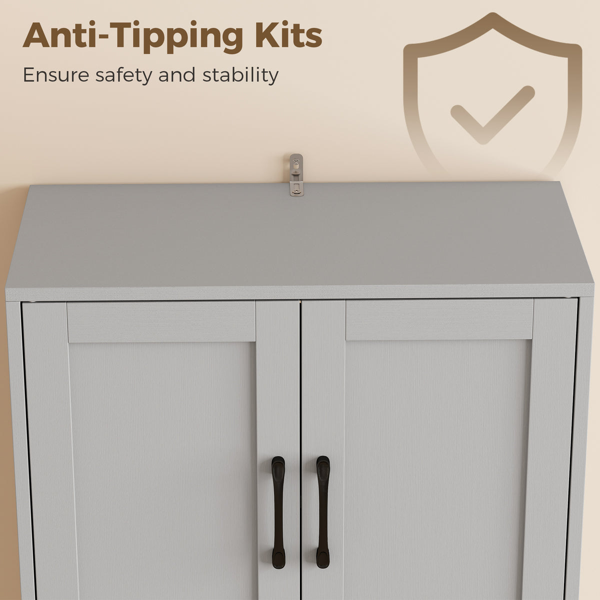 Kitchen pantry cabinet anti-tipping bracket detail mounted on top panel