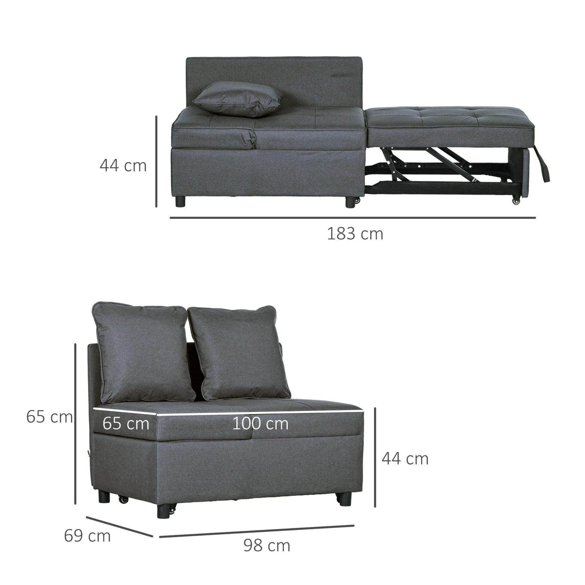 Grey convertible chair bed shown with pull-out bed frame and raised seat, size lines